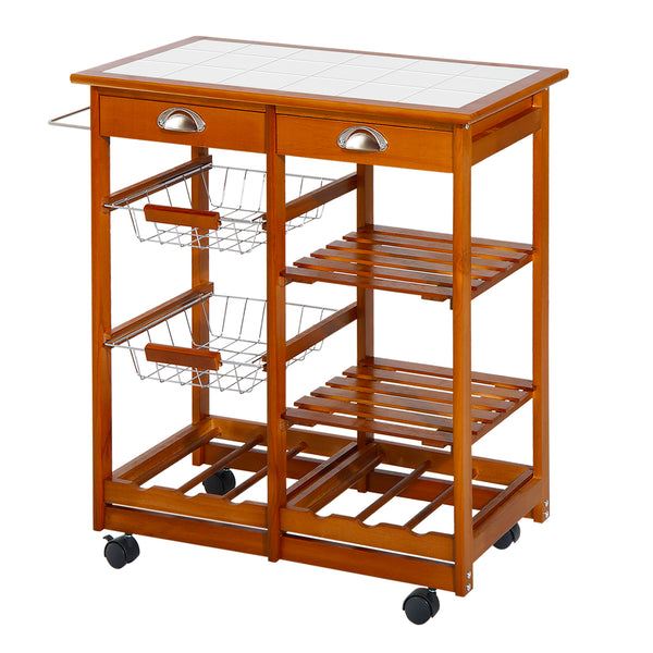Carrello da Cucina Multiuso in Legno di Pino con 4 Ruote e Cassetti Marrone Chiaro 74x37x75 cm sconto