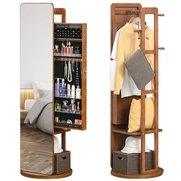 Specchio da Terra Ø50x169 cm con Armadietto Portagioie e Appendiabiti Noce Chiaro sconto